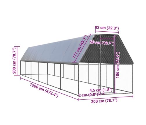 vidaXL vistu būris, 2x12x2 m, cinkots tērauds