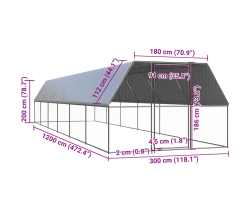 vidaXL vistu būris, 3x12x2 m, cinkots tērauds