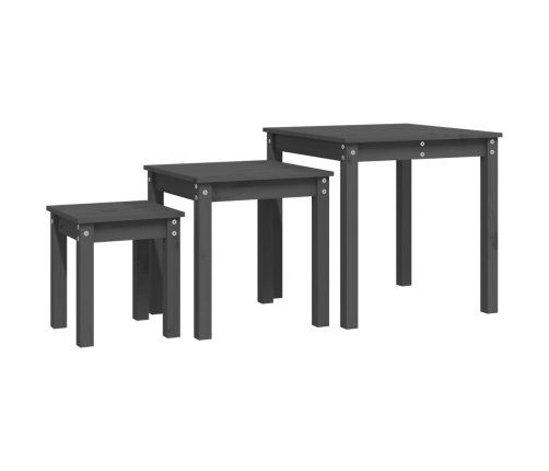 vidaXL galdiņi, 3 gab., pelēki, sabīdāmi, priedes masīvkoks