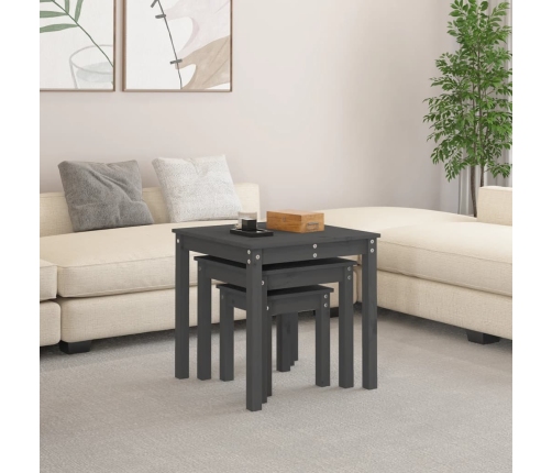 vidaXL galdiņi, 3 gab., pelēki, sabīdāmi, priedes masīvkoks