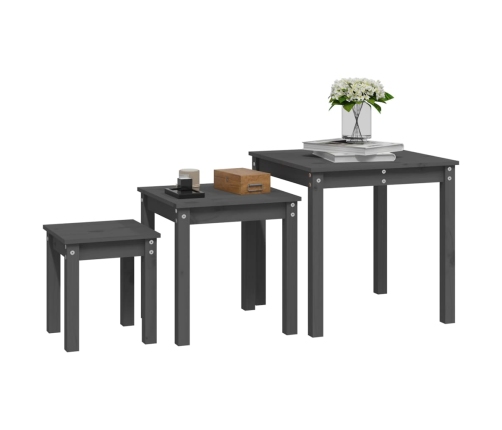 vidaXL galdiņi, 3 gab., pelēki, sabīdāmi, priedes masīvkoks