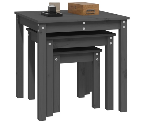 vidaXL galdiņi, 3 gab., pelēki, sabīdāmi, priedes masīvkoks