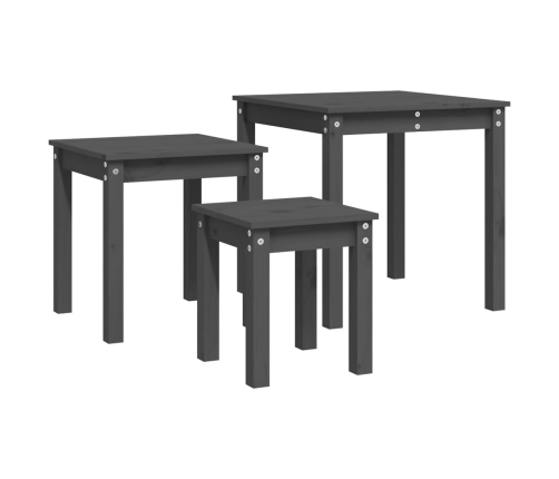 vidaXL galdiņi, 3 gab., pelēki, sabīdāmi, priedes masīvkoks