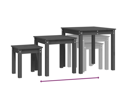 vidaXL galdiņi, 3 gab., pelēki, sabīdāmi, priedes masīvkoks