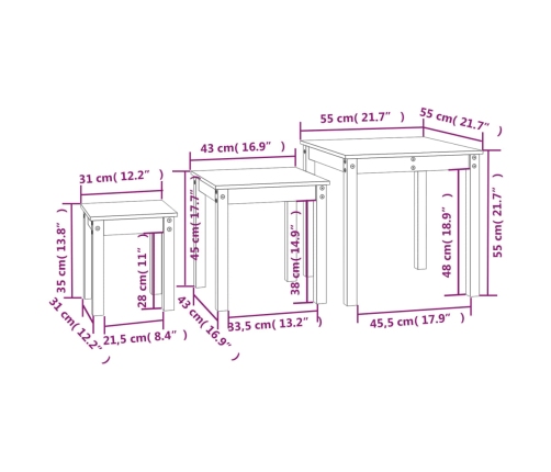 vidaXL galdiņi, 3 gab., pelēki, sabīdāmi, priedes masīvkoks