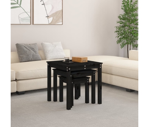 vidaXL galdiņi, 3 gab., melna, sabīdāmi, priedes masīvkoks