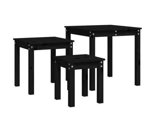 vidaXL galdiņi, 3 gab., melna, sabīdāmi, priedes masīvkoks