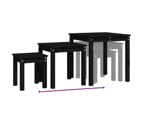 vidaXL galdiņi, 3 gab., melna, sabīdāmi, priedes masīvkoks