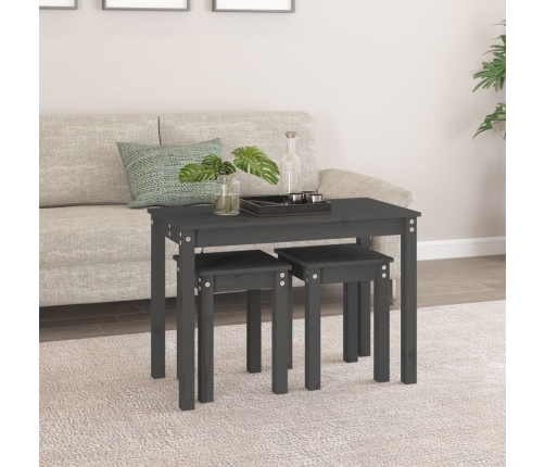 vidaXL galdiņi, 3 gab., pelēki, sabīdāmi, priedes masīvkoks