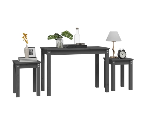 vidaXL galdiņi, 3 gab., pelēki, sabīdāmi, priedes masīvkoks