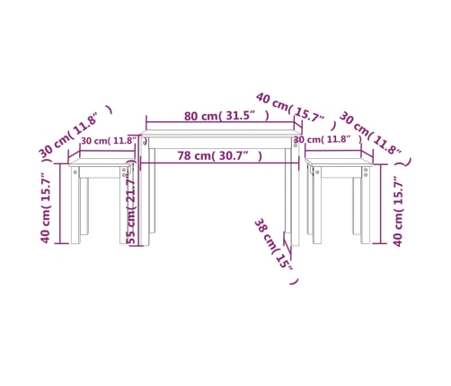 vidaXL galdiņi, 3 gab., pelēki, sabīdāmi, priedes masīvkoks