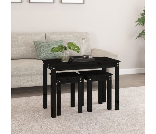 vidaXL galdiņi, 3 gab., melna, sabīdāmi, priedes masīvkoks