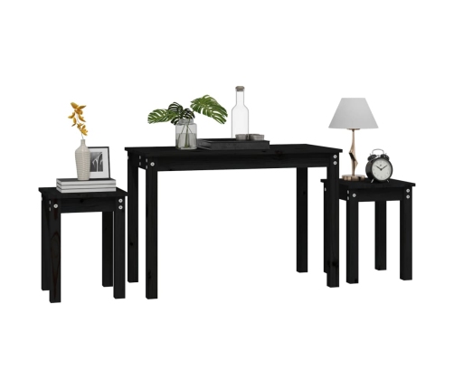 vidaXL galdiņi, 3 gab., melna, sabīdāmi, priedes masīvkoks