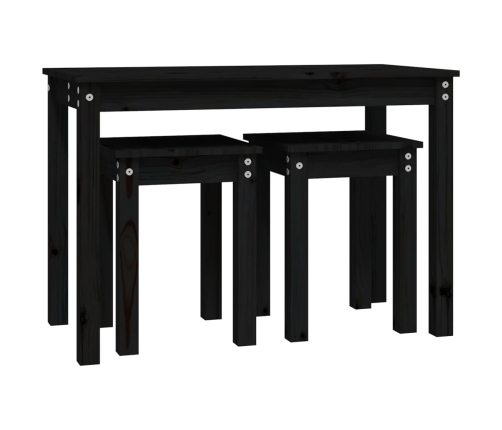 vidaXL galdiņi, 3 gab., melna, sabīdāmi, priedes masīvkoks