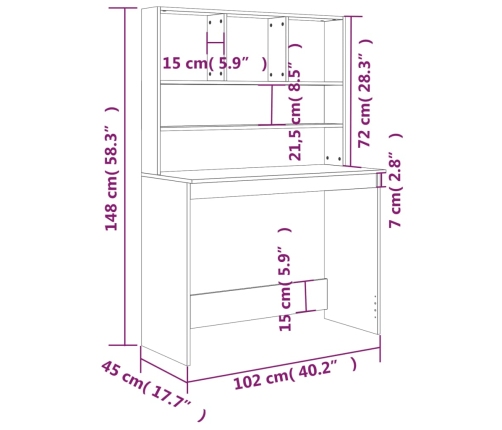 vidaXL rakstāmgalds ar plauktiem, betona pelēks, 102x45x148 cm