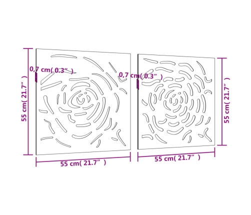 vidaXL dārza sienas rotājumi, 2 gab., 55x55 cm, tērauds, rūsas efekts