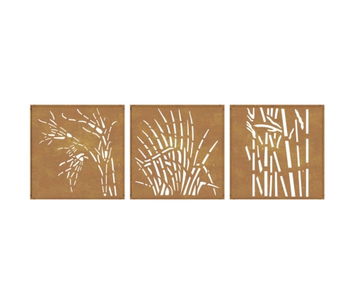 vidaXL dārza sienas rotājumi, 3 gab., 55x55 cm, tērauds, rūsas efekts