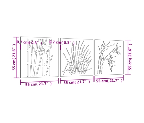 vidaXL dārza sienas rotājumi, 3 gab., 55x55 cm, tērauds, rūsas efekts