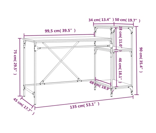 vidaXL rakstāmgalds ar plauktiem, 135x50x90 cm, inženierijas koks