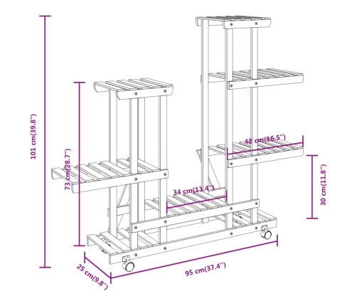 vidaXL puķu statīvs ar ritenīšiem, 95x25x101 cm, egles masīvkoks