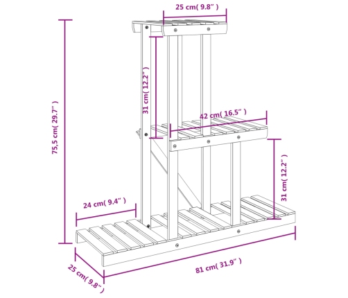 vidaXL puķu statīvs, 81x25x75,5 cm, egles masīvkoks