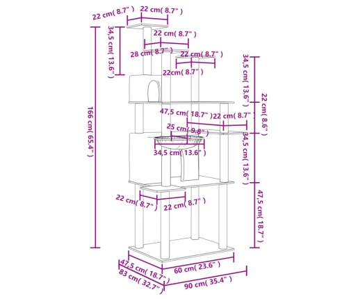 vidaXL kaķu māja ar sizala stabiem nagu asināšanai, 166 cm, pelēka
