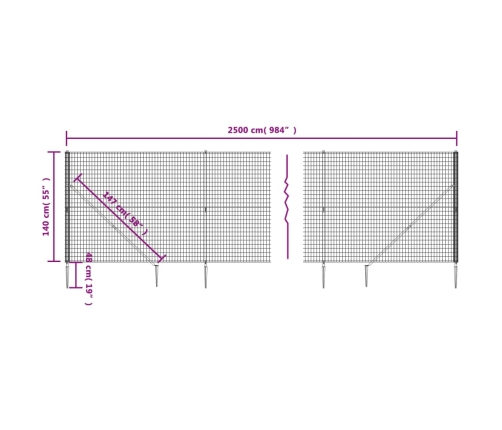 vidaXL stiepļu žogs ar zemes mietiņiem, zaļš, 1,4x25 m