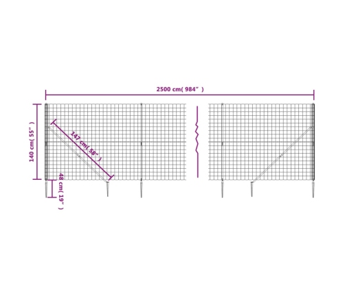 vidaXL stiepļu žogs ar zemes mietiņiem, antracītpelēks, 1,4x25 m