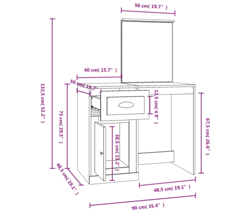 vidaXL spoguļgaldiņa komplekts, 90x50x132,5 cm, balts
