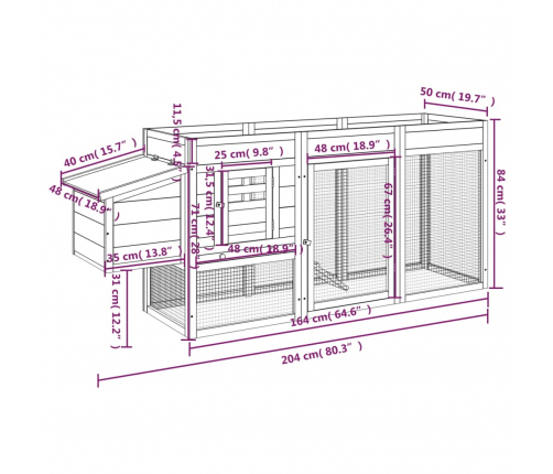 vidaXL vistu būris, brūns, 204x50x84 cm, priedes masīvkoks