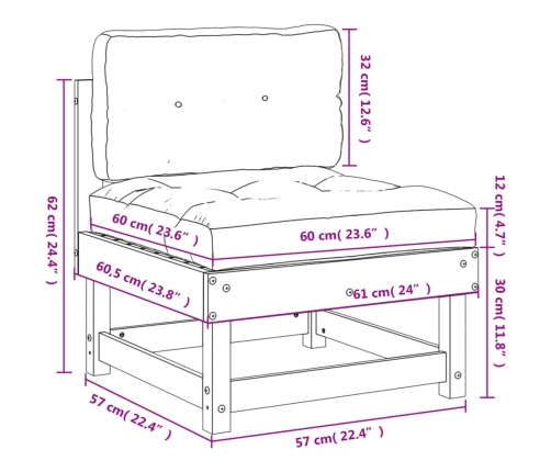 vidaXL vidējais dīvāns ar matračiem, balts priedes masīvkoks