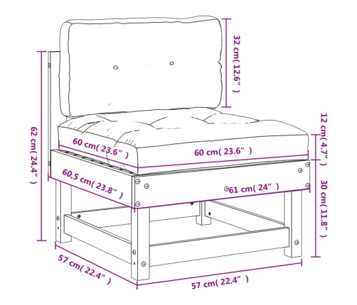 vidaXL vidējais dīvāns ar matračiem, pelēks priedes masīvkoks