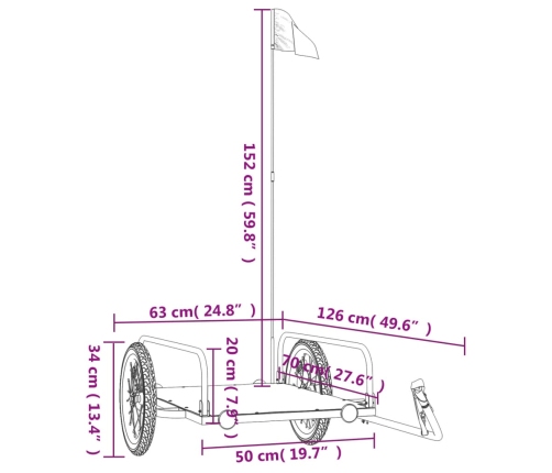 vidaXL velosipēda piekabe, 126x63x34 cm, dzelzs, melna