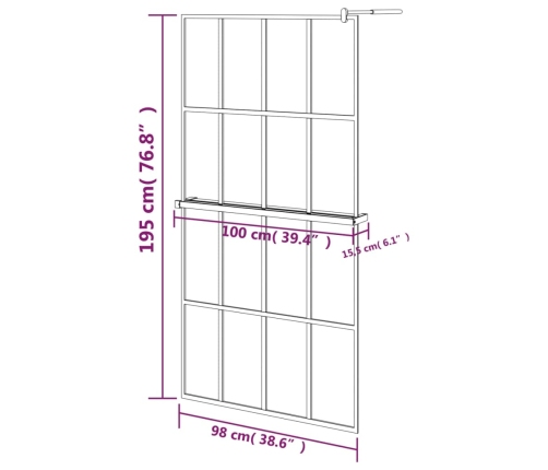 vidaXL dušas siena ar plauktu, melna, 100x195cm, ESG stikls, alumīnijs