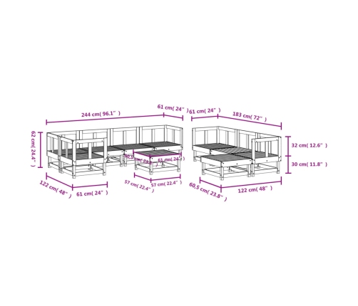 vidaXL 10-daļīgs dārza atpūtas mēbeļu komplekts, priedes masīvkoks