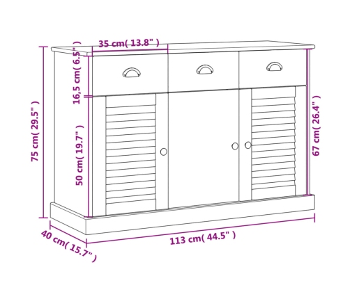 vidaXL skapītis ar atvilktnēm VIGO, 113x40x75 cm, priedes masīvkoks
