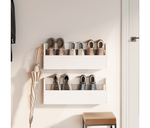 vidaXL sienas apavu plaukti, 2 gab., balti, 59x9x23 cm, priedes koks