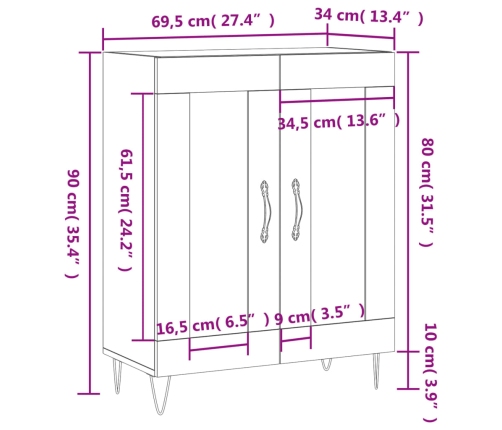 vidaXL kumode, ozolkoka krāsa, 69,5x34x90 cm, inženierijas koks