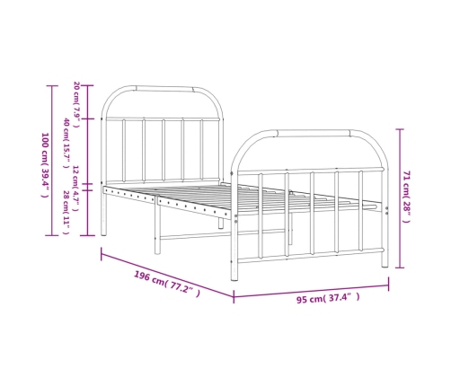 vidaXL gultas rāmis ar galvgali un kājgali, balts metāls, 90x190 cm