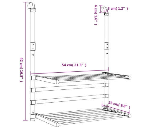 vidaXL žāvēšanas statīvs balkonam, 54x25x42 cm, alumīnijs