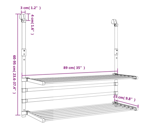 vidaXL žāvēšanas statīvs balkonam, 89x25x(60-95) cm, alumīnijs