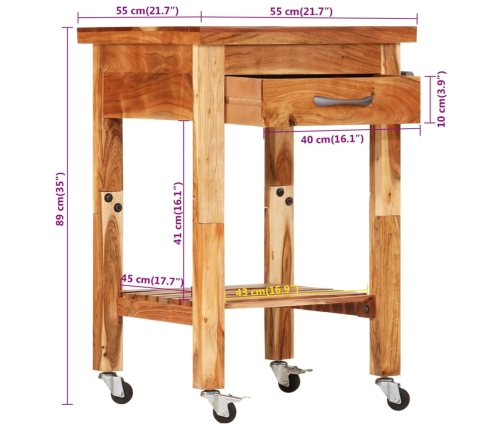 vidaXL virtuves ratiņi, 55x55x89 cm, akācijas masīvkoks