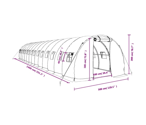 vidaXL siltumnīca ar tērauda rāmi, balta, 42 m², 14x3x2 m