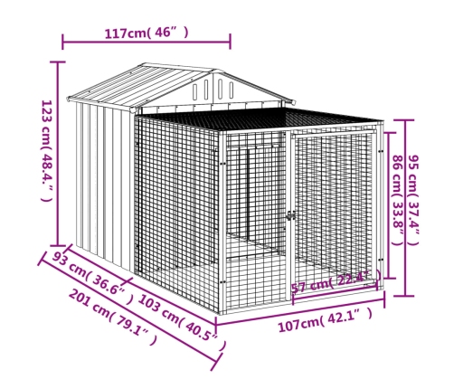 vidaXL vistu būris, pelēks, 117x201x123 cm, cinkots tērauds