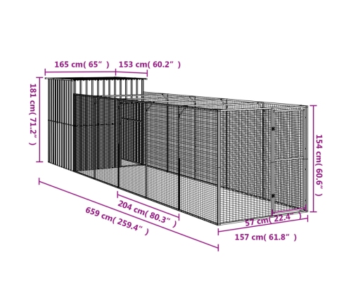 vidaXL suņu būda, gaiši pelēka, 165x659x181 cm, cinkots tērauds