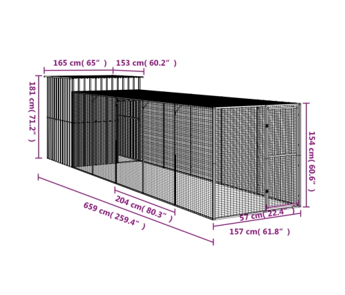 vidaXL vistu būris, 165x659x181 cm, cinkots tērauds, gaiši pelēks