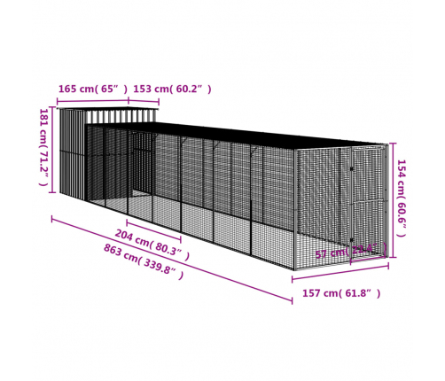 vidaXL vistu būris, 165x863x181 cm, cinkots tērauds, gaiši pelēks