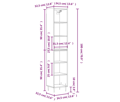 vidaXL augstais plaukts, melns, 34,5x32,5x180 cm, inženierijas koks