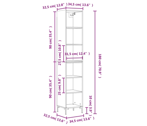 vidaXL augstais plaukts, balts, 34,5x32,5x180 cm, inženierijas koks