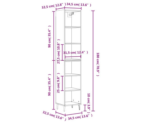 vidaXL augstais plaukts, melns, 34,5x32,5x180 cm, inženierijas koks